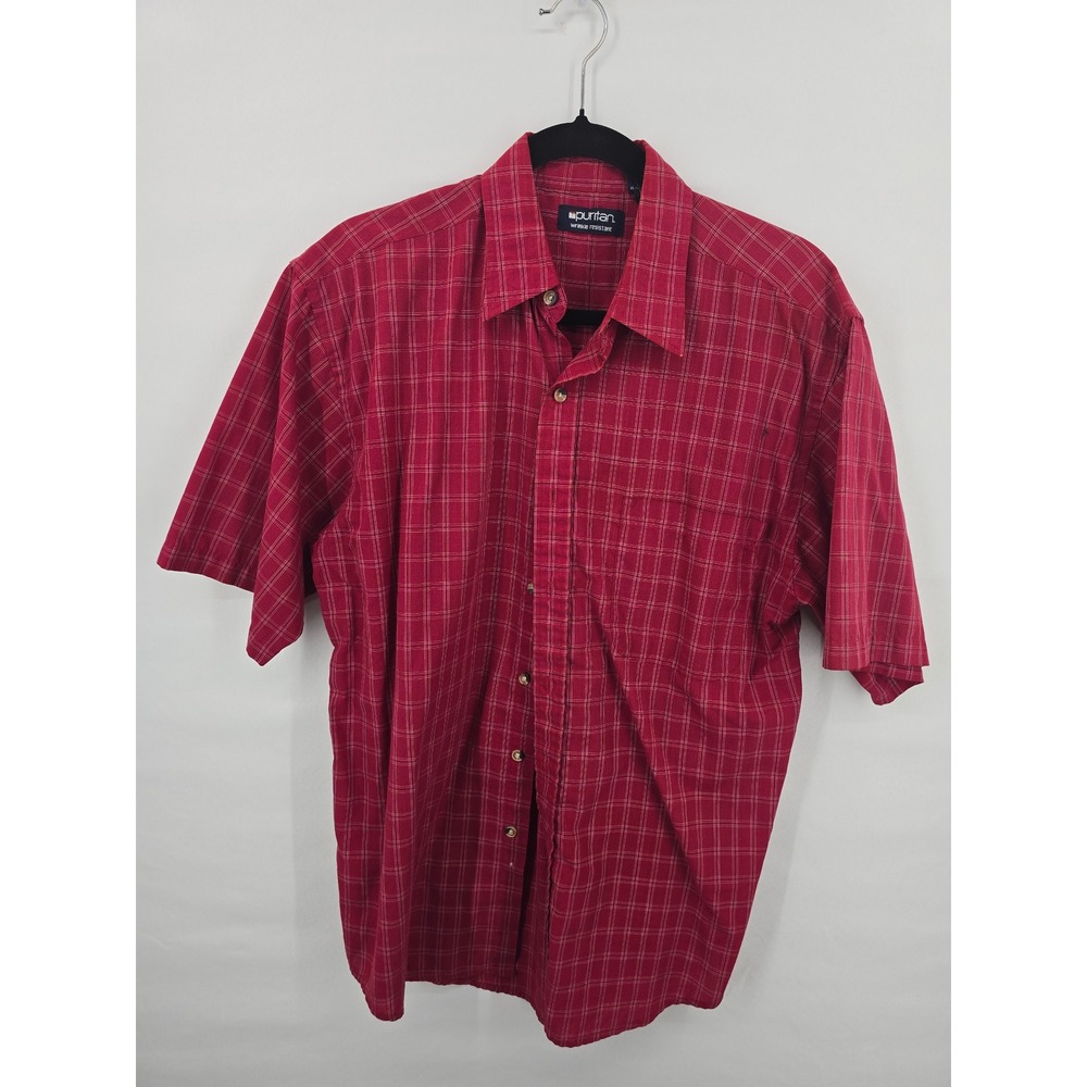 Puritan Mens Red Plaid‎ Short Sleeve Button Down Shirt Wrinkle Resistant Medium